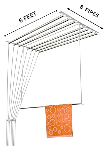 Image of LAKSHAY - 8 Pipes x 6 Feet - Heavy Duty - Stainless Steel Ceiling Cloth Dryer for Balcony | Cloth Drying Rope with Pulley | Cloth Hanging Stand | Clothes Drying Stand Wall Mounted