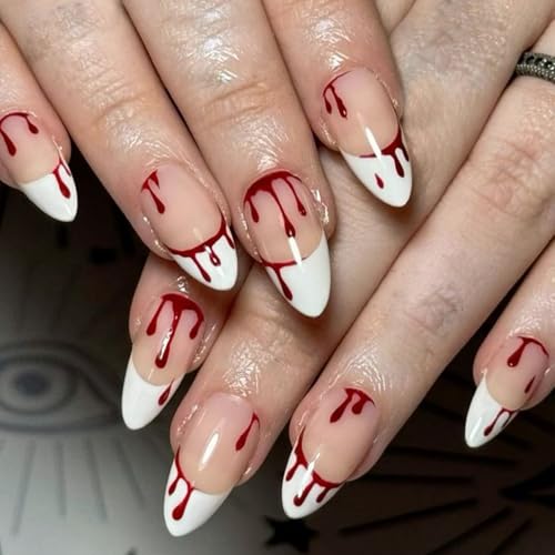 Halloween French Tip Press on Nails Medium Almond Fake Nails with...