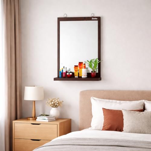 Image of Wall Mounted Wooden Dressing Mirror with Storage Shelf | Bathroom & Bedroom Vanity Mirror Organizer | Engineered Wood Frame | Cosmetic Display Shelf | Dark Wenge Finish | 28 x 45 cm