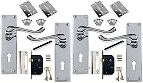 Victorian Scroll Chrome Door Handle Lock Pack with + 2 Lever Lock + Hinges (2) and Key - Polished Door Handles with Locks for Enhanced Security & Style - Sets of 2