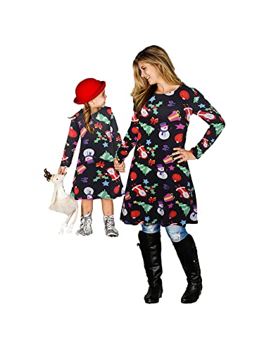 LROSEY Weihnachten Mutter Tochter Partnerlook Kleid Damen Mädchen Langarm Weihnachtskleid Weihnachtsmann Schneemann Gedruckt A-Linie Festkleid Mama Baby Passend Familie Kleidung Abendkleid Cover