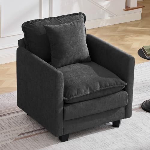 Image of 30'' Cloud Single Couch, Cloud Sofa with Throw Pillow, Modern 1 Seater Reading Chair with Deep Seat, Accent Chairs for Living Room, Bedroom, Small Apartment, Black