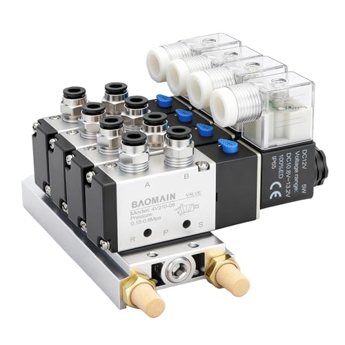 Baomain 4V210–08 DC 12 V Manifold de electroválvulas de 4 espacios, Válvula neumática 5 vías 2 posiciones, Puerto 1/4' PT, Incluye base colectora y silenciadores