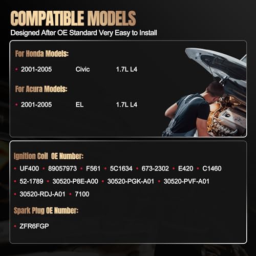 Image of Set of 4 UF400 Ignition Coil Pack and ZFR6FGP Spark Plugs Compatible with Honda Civic 1.7L L4 2001 2002 2003 2004 2005 Civic 2001-2005 EL 1.7L L4 Replaces C1460 5C1634