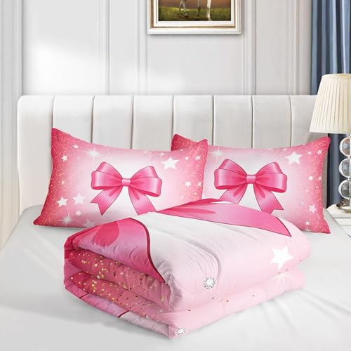 Image of AILONEN Aesthetic Bowknot Comforter Queen 3-Piece Elegant Glittery Bedding Ultra Soft Down Alternative Master Bedroom Decor Vibrant Pastel Starry Quilt Includes 2 Cases