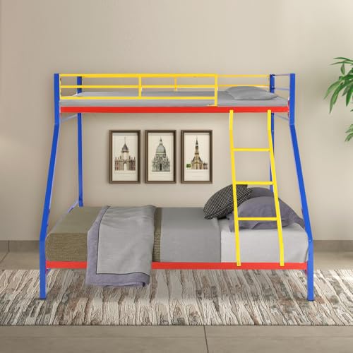 Image of Metal Bunk Bed for Kids | Twin Over Twin Bunker Bed for Adults with Metal Bed Frame and Sturdy Guardrail | Bunk Bed for Home with Mattress Queen (Bottom) + Single (Top)