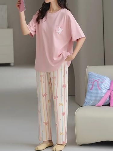 Image of Louis Luxe Womens Korean Night Dress|| Full Pyjama Set || Korean Nightsuit || Women Nightwear ||Round Neck Full Sleeve Nightsuit || Loungewear || Everyday Nightdress (ND-15)
