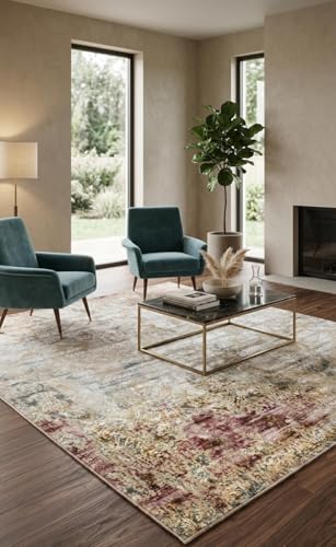 Image of 5x7 Feet (150x210 CM) Carpet for Living Room Hall & Bedroom - Ivory Multi Paisley Modern Abstract Geometric Silk-Touch Luxury Hotel-Style Washable Anti-Skid Turkish Area Rug