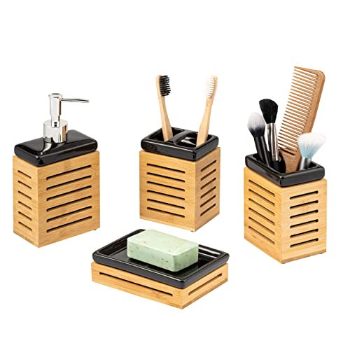 bremermann Ensemble de salle de bain 4 pièces Bambou, céramique, noir, accessoires de salle de bain