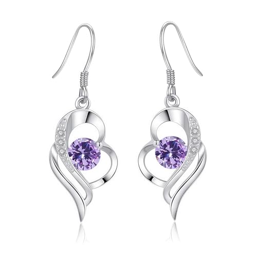 Kamise Dangly Earrings for Women, 925 Sterling Silver Heart Drop Earrings, Twist Heart Teardrop Earring with Purple Zirconia, Hypoallergenic Hook Dangle Ear Rings, Gifts for Birthday Mother's Day