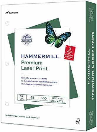 Hammermill Paper, Premium Laser Print Paper 8.5 x 11 Paper, Letter Size, 3 Hole, 24lb Paper, 98 Bright, 1 Ream / 500 Sheets (107681R)