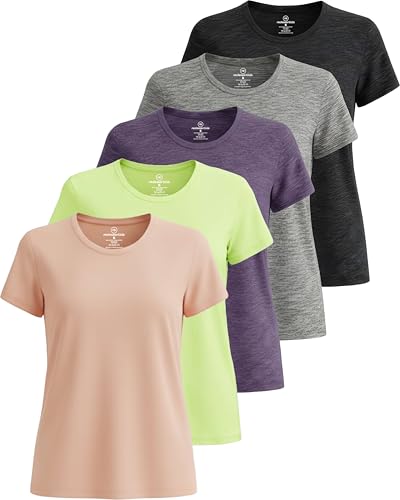 Real Essentials 5 Pack: Women's Short Sleeve T-Shirts Workout Tops Fitness Pilates Gym Activewear...
