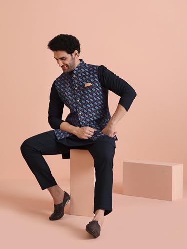 Image of KISAH Men Navy Blue Printed Nehru Jacket Ethnic Festive Waistcoat Cotton, Regular Fit