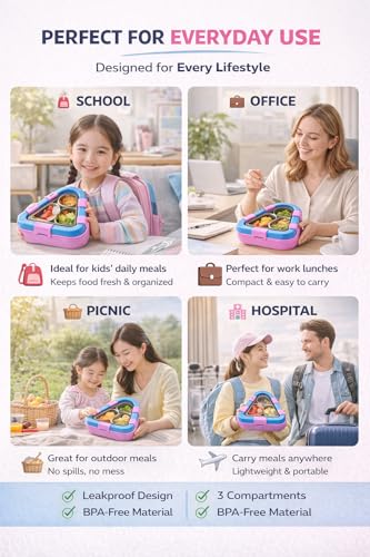 Image of Triangle Bento Lunch Box for Kids | Leakproof 5-Lock Food Storage Container with 3 Compartments | BPA-Free Reusable Tiffin Box for School, Office & Travel (3 Compartment)