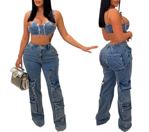Women's High Waistd Jeans Wide Straight Leg Baggy Cargo Y2K with Multiple Pockets Casual Denim Pants3