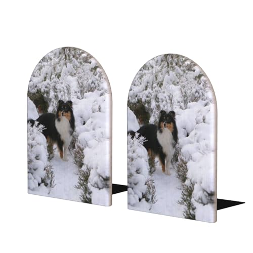 Fondo de Pantalla de Sheltie de Invierno, Juego de 2 sujetalibros estantería Divertido tapón de Libro de Madera Extremos de Libro Soporte y Soporte para Libros