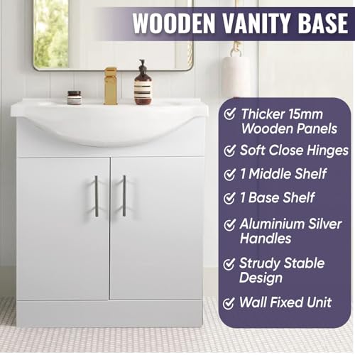 Home Treats 450 Vanity Unit Furniture, Ceramic Wash Basin Sink, Floor Standing, Soft Close Doors Bathroom Storage Cabinet - White (Vanity 65cm) - Image 3