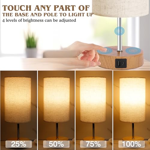 UNIFUN Touch Control Bedside Table Lamp with USB-C Charging Ports, 4-Way Dimmable Nightstand Lamp with Wood Base & Fabric Shade for Bedroom Living Room — view 3