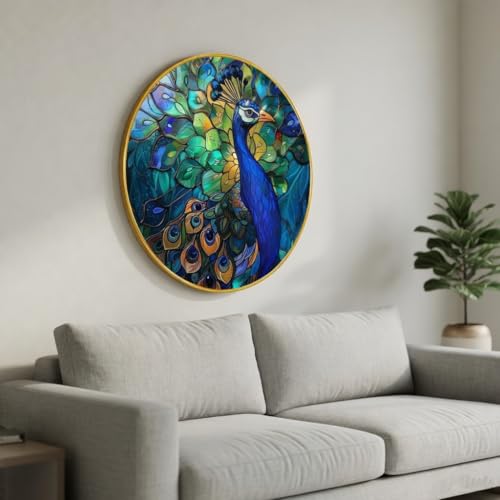 Image of SAF Peacock Wall Painting with Golden PVC Frame Round Bird Art Colorful Modern Wall Decor for Living Room Bedroom Office Home Decorative Luxury Gift Item (20 x 20 Inch) GRL-356