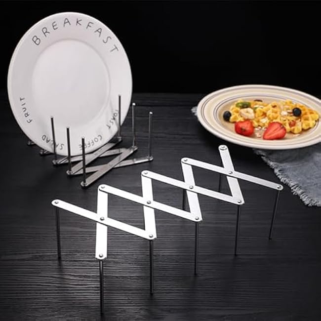 Huakaile Adjustable Plate Organizer Rack, Retractable Small Dish Drying Rack, Stainless Steel Pot Lid Organizer for Cabinet Kitchen Cover Cutting Board Bakeware Storage Steam Rack (1 Pack)