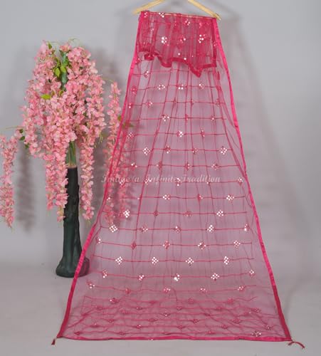 Modern Net/Chunni/Dupatta/Stole/Neck Scarf Embroidered with Sequins Party Wedding Head Wrap Magenta 85x44 Inch - 1 Piece2