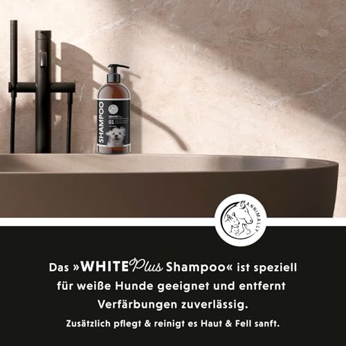 Annimally White Plus Shampoo - Natürliches Hundeshampoo für weißes Fell mit Kokosöl & Zuckertensid, geruchs- und ph-neutral, ohne Bleichmittel & Parfüm - 500 ml