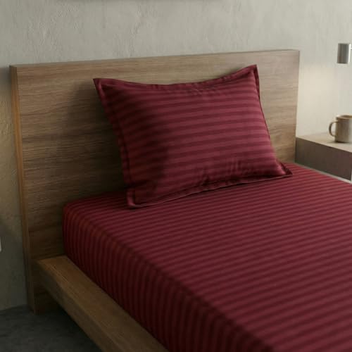 Image of Home Sizzler Microfibre Maroon Satin Stripe Elasticated Fitted Single Bedsheet (72x36 Inches) with 1 Pillow Cover