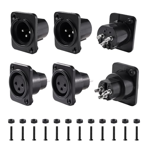 La confezione include: 3 connettori jack XLR maschio per montaggio a pannello, 3 connettori femmina XLR per montaggio a pannello, 12 viti M2.5x14, 12 dadi M2.5.