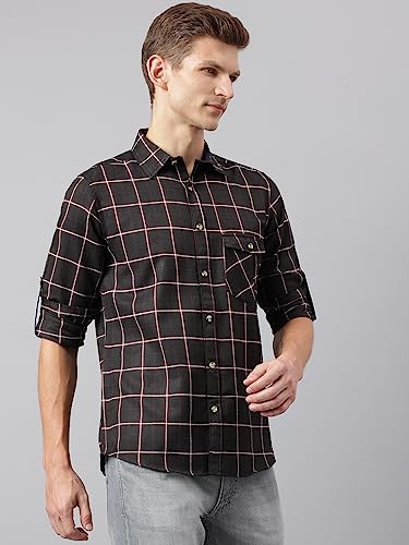 Image of Thomas Scott Men's Polyester Checkered Slim Fit Casual Shirt with Spread Collar and Long Sleeve (TS1045 Wood)