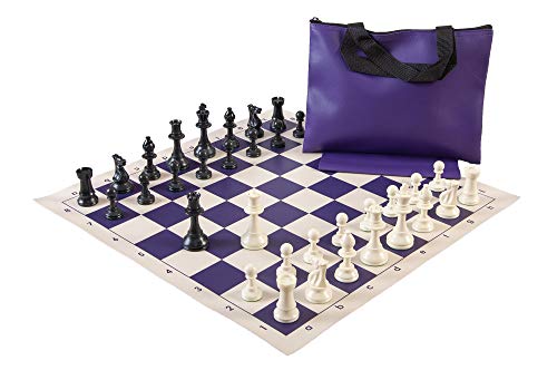The House of Staunton Standard Chess Set Combination - Solid Plastic Regulation Pieces/Vinyl Chess Board/Standard Bag (Purple)
