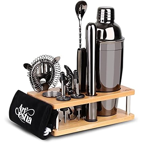 Artestia Bartender Kit, 13 Piece Cocktail Shaker Stainless Steel Bartender Set with Shaker Tins,Measuring Jigger,Spoon,Pourers, Muddler,Strainer,Tongs,Bottle Stoppers,Opener,Stand,bag (Chrome) Cover
