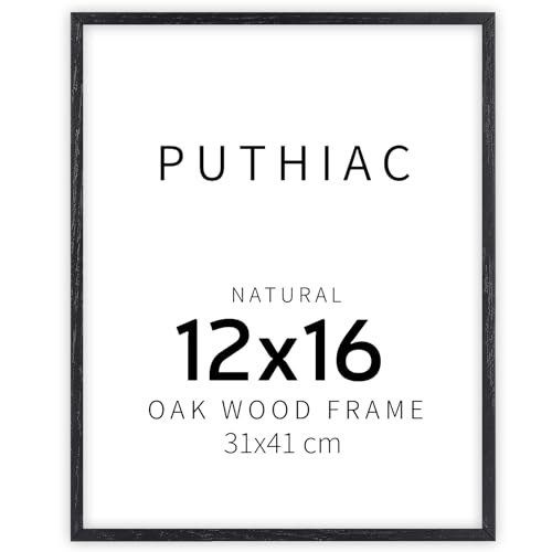 puthiac 12x16 Black Oak Wood Picture Frame - Minimalist 12x16 Poster Frame, 12"x16" Picture Frame Wood, Natural Solid Wooden Picture Frames for Wall Art Photo and Prints (1 Pack, Black)