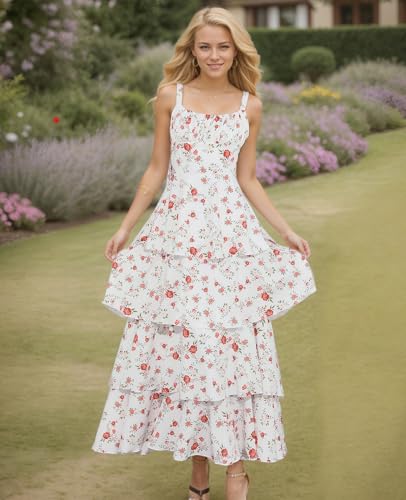 Image of Tiered Ruffle Dress Women Casual Summer Spaghetti Strap Sleeveless Floral Layered Maxi Dress for Women Beach Sundress