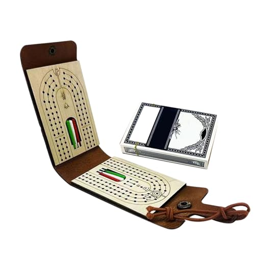 Juego de Tablero de Cribbage, Divertido Juego de Mesa con Tablero de Madera: Estuche de Cuero Falso, Juego de Cribbage clásico con mazo de Cartas y 6 Clavijas para la Noche de Juegos, Viajes