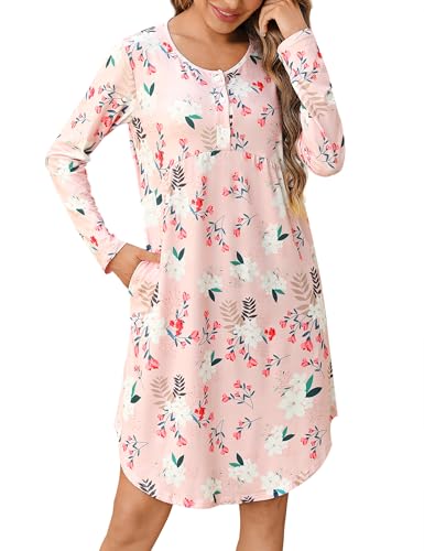 Migcaput Camisón Mujer Invierno Camisones Mujer Manga Larga a Estampado Floral Ropa de Dormir con Botones Delanteros y Bolsillos Laterales