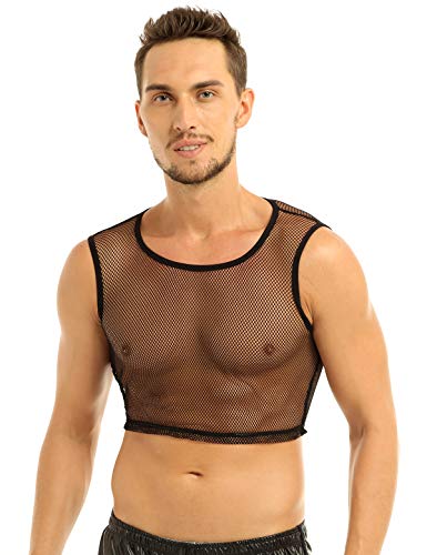 CHICTRY Men's See-Through Mesh Fishnet Muscle Crop Tank Top Black Large