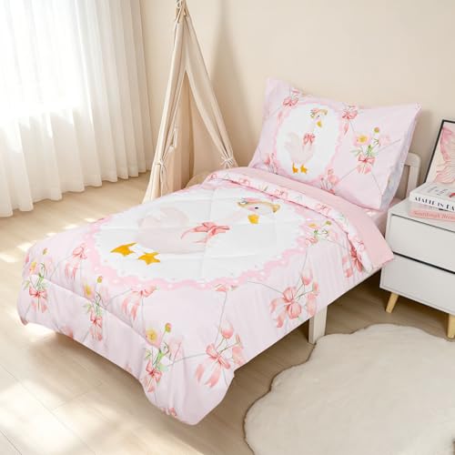 Image of Toddler Bedding Set for Girls, Kids Comforter Set Pink Reversible, Ultra Soft & Lightweight Crid Bedding Set Includes Comforter, Flat Sheet, Fitted Sheet, Pillowcase