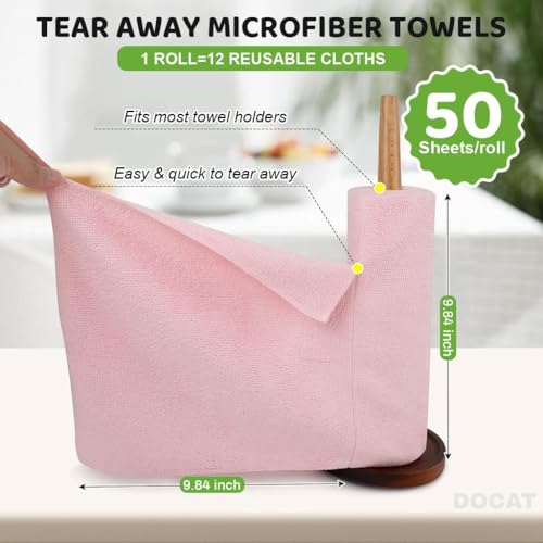 Image of DOCAT Microfiber Cleaning Cloth Roll 25x25 cm, Reusable and Washable Tear-Away Kitchen Towel Roll, Very Soft Cleaning Cloths for Home, Kitchen, Office, Electronics, Car Cleaning (Pink, 50 Pack)