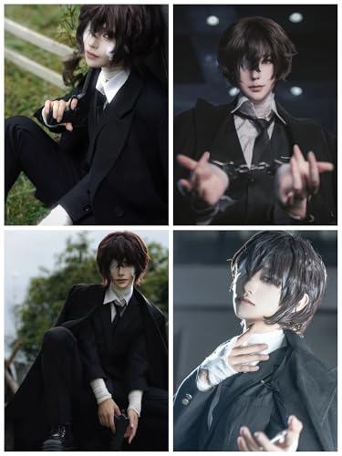 Image of Half and Half Dazai Cosplay Wig Short Dark Brown Anime Wig with Bangs Men's Brown Layered Wigs Synthetic Fiber Hair for Unisex Halloween Party