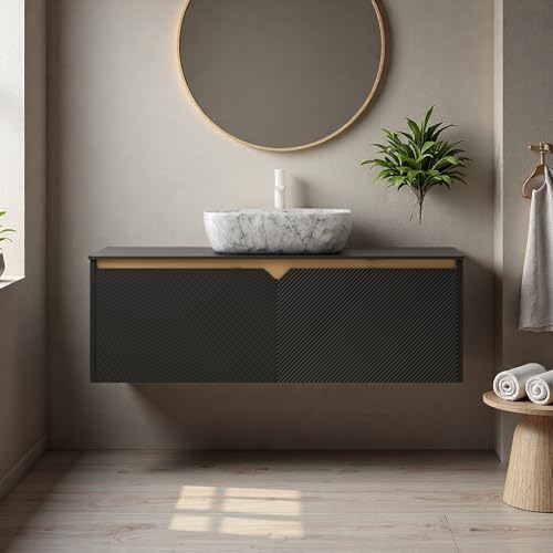 Image of Floating Bathroom Vanity with Sink, 48 inch Bathroom Storage Cabinet with Sintered Stone Countertop & Marble-Pattern Ceramic Basin, Modern Wall-Mounted Vanity with 2 Twill Pattern Doors, Black