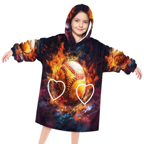 Kids Blanket Hoodie Sports Baseball Fire Wearable Blanket Hoodie Oversized Hooded Blanket, Sweatshirt Blanket with Pockets Soft Warm Kids Hooded Blanket for Girls, Boys