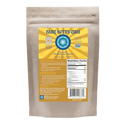Blue Lotus Chai – Golden Masala Chai with Turmeric and Maca - Makes 265 Cups – Just Add Hot Water, No Steeping, No Gluten - 8 Ounce Masala Chai Powder with Organic Spices – Authentic Indian Tea