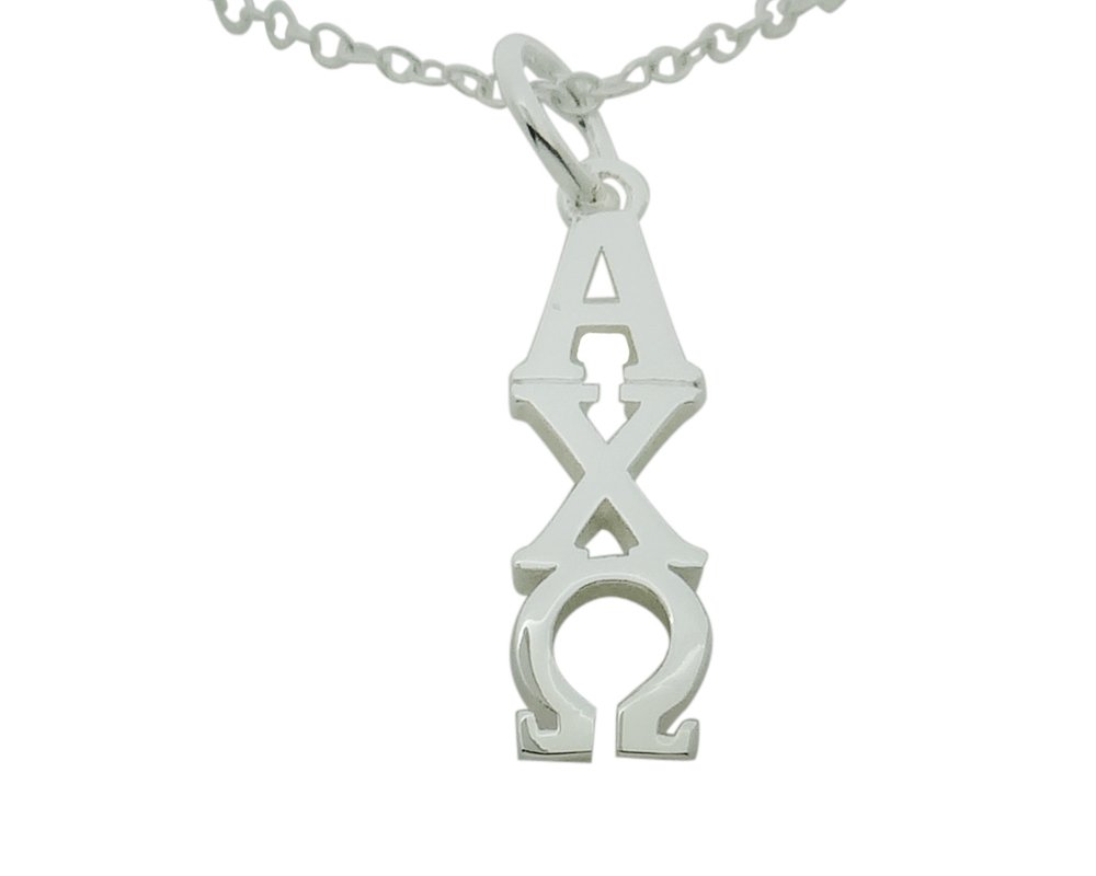 Girls Vertical Alpha Chi Omega Greek Sorority Lavalier Drop Charm Pendant with Necklace Chain High Polish Finished Silver Plated