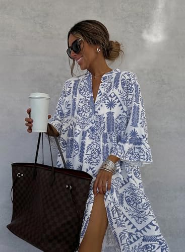Image of miduo Womens Summer Dress Casual V Neck Buttoned 3 /4 Sleeve Bohemian Tribal Print Flowy Mini Dresses