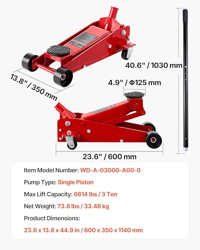 Image of VEVOR 3 Ton Low Profile Floor Jack, Steel Racing Floor Jacks with Single Piston Quick Lift Pump, Hydraulic Trolley Car Jack for Sport Utility Vehicle, SUVs, Pickups, Lifting Range 5.1 inch-19.7 inch
