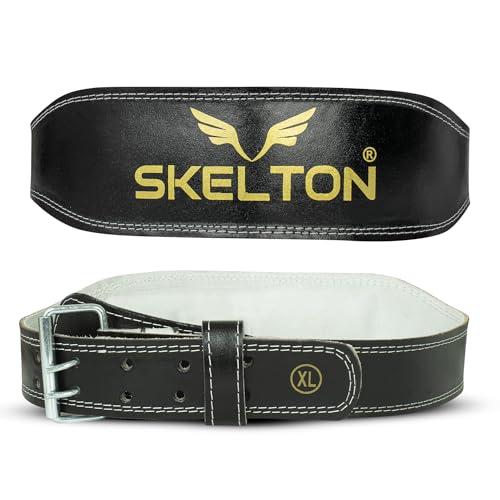 Skelton Weight Lifting Gym Belt Large | Leather Gym Belt for Workout with Padded Back Support | Dead Lift Belt | L, Black-White