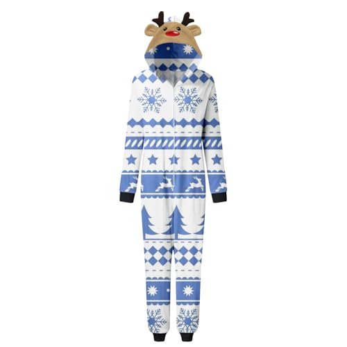 Pijama para mujer con estampado navideño de nieve, suave, manga larga, con capucha, enterizo, pijama, vacaciones, familia, pijamas a juego, azul celeste, L
