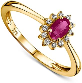 MIORE 9ct Yellow Gold Ruby & Diamond Cluster Engagement Ring 375 12 ct Natural Diamonds of 0.07 Carat & One Oval Natural Red Ruby of 0.31 Carat