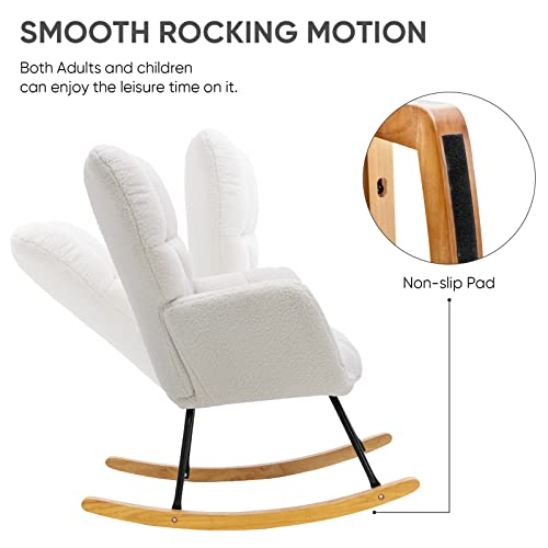 Kinffict Teddy Velvet Rocking Accent Chair, Uplostered Glider Rocker Armchair For Nursery, Comfy Side Chair For Living Room, Bedroom (Ivory+Teddy Fabric) #TOP3