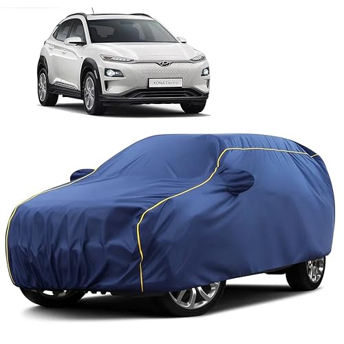Image of Sulfar 100% Water Resistant Car Body Cover Compatible with Mirror for Hyundai kona (Triple Stitched, Full Bottom Elastic, Blue Taffeta with Yellow Piping)